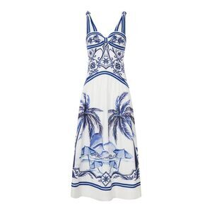 Farm Rio Women Long Linen Dress With Tropical Print